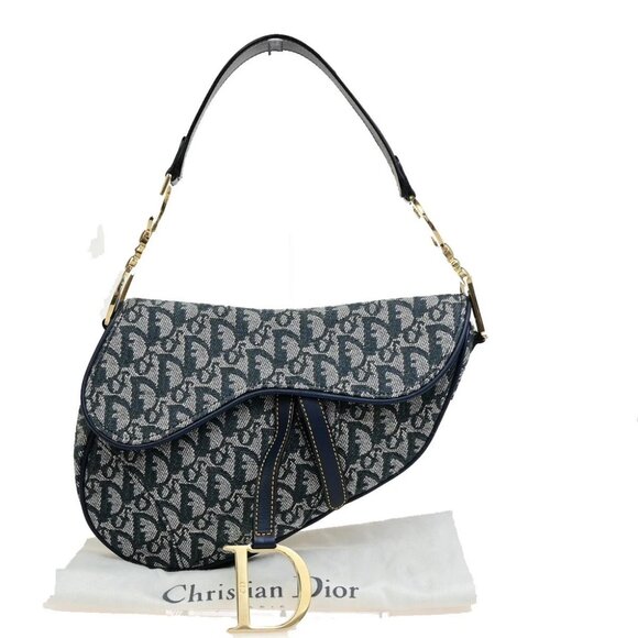 CHRISTIAN DIOR Trotter Saddle Shoulder Bag Canvas Leather Navy Blue - Picture 1 of 16